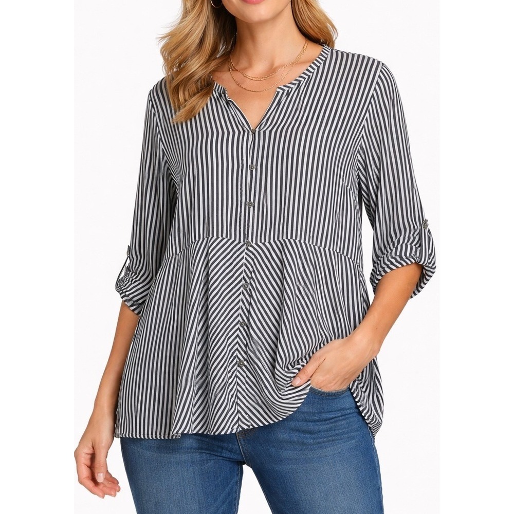 J Jill Blouse Womens XL Black White Striped Peplum Tunic Flowy 3/4 Sleeve